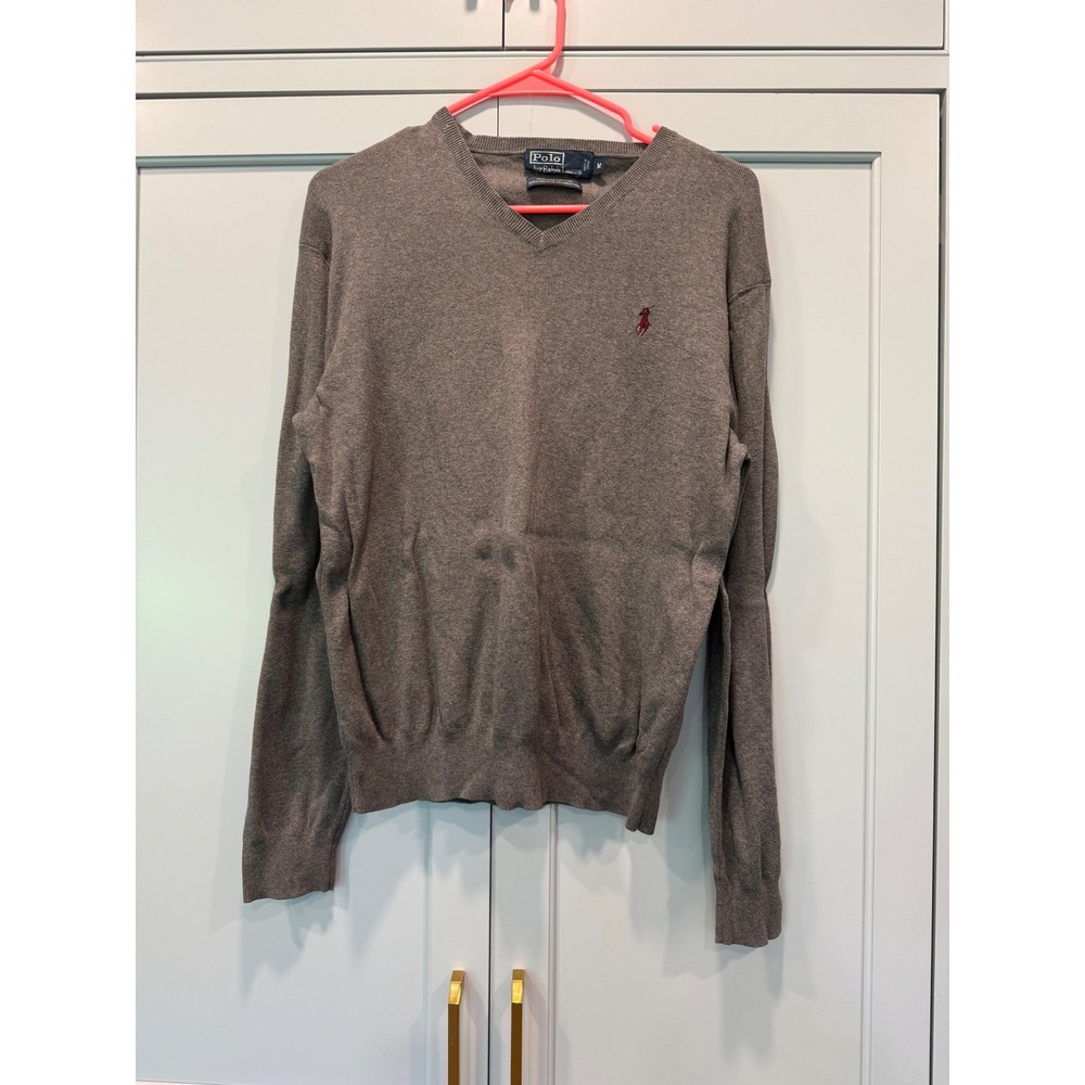 Polo Ralph Lauren Men's Grey Pima Cotton V-Neck Sweater Pony Logo Sz M preppy